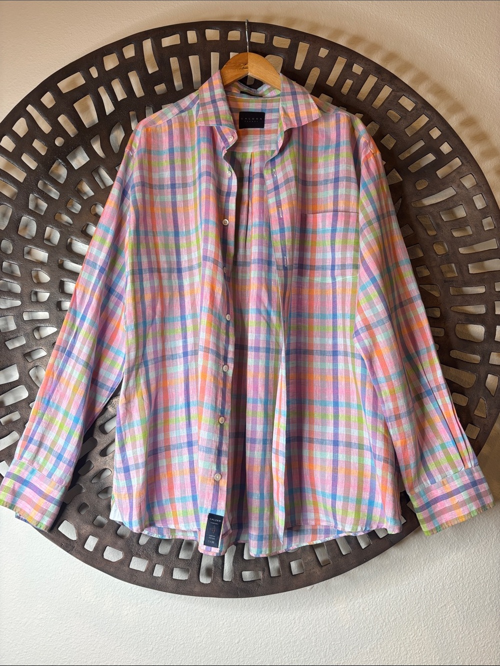💜🩷 Calder Carmel Pastel Plaid Linen Button Up Shirt 2X Lightweight NWT 🩷💜